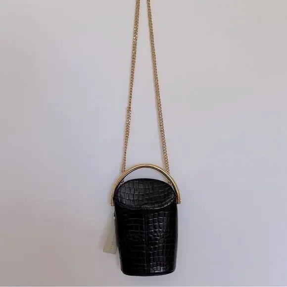 New Stella McCartney Black Croc Embossed Bucket Bag Gold Handle W/ Dust Bag - Picture 10 of 16